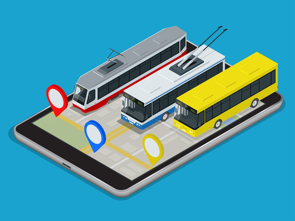 Public Transport trolleybus, bus, tram 3d vector isometric illustration