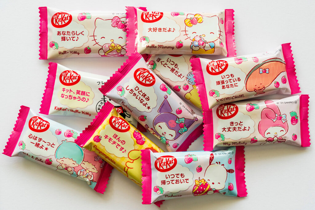 Tokyo, Japan June 03 2024. Assortment of Sanrio Japanese mini bar kitkats. Featuring various popular Sanrio characters including the famous 'Hello Kitty'.
